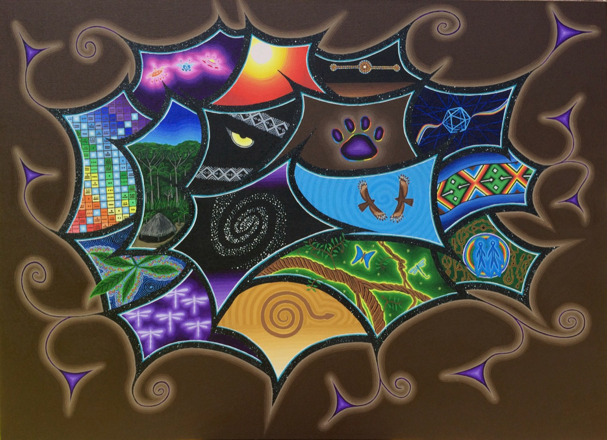 Dimensions — visionary painting by Lore Solaris: panels of forest, star field, animal and plant spirits held in a web of curling forms
